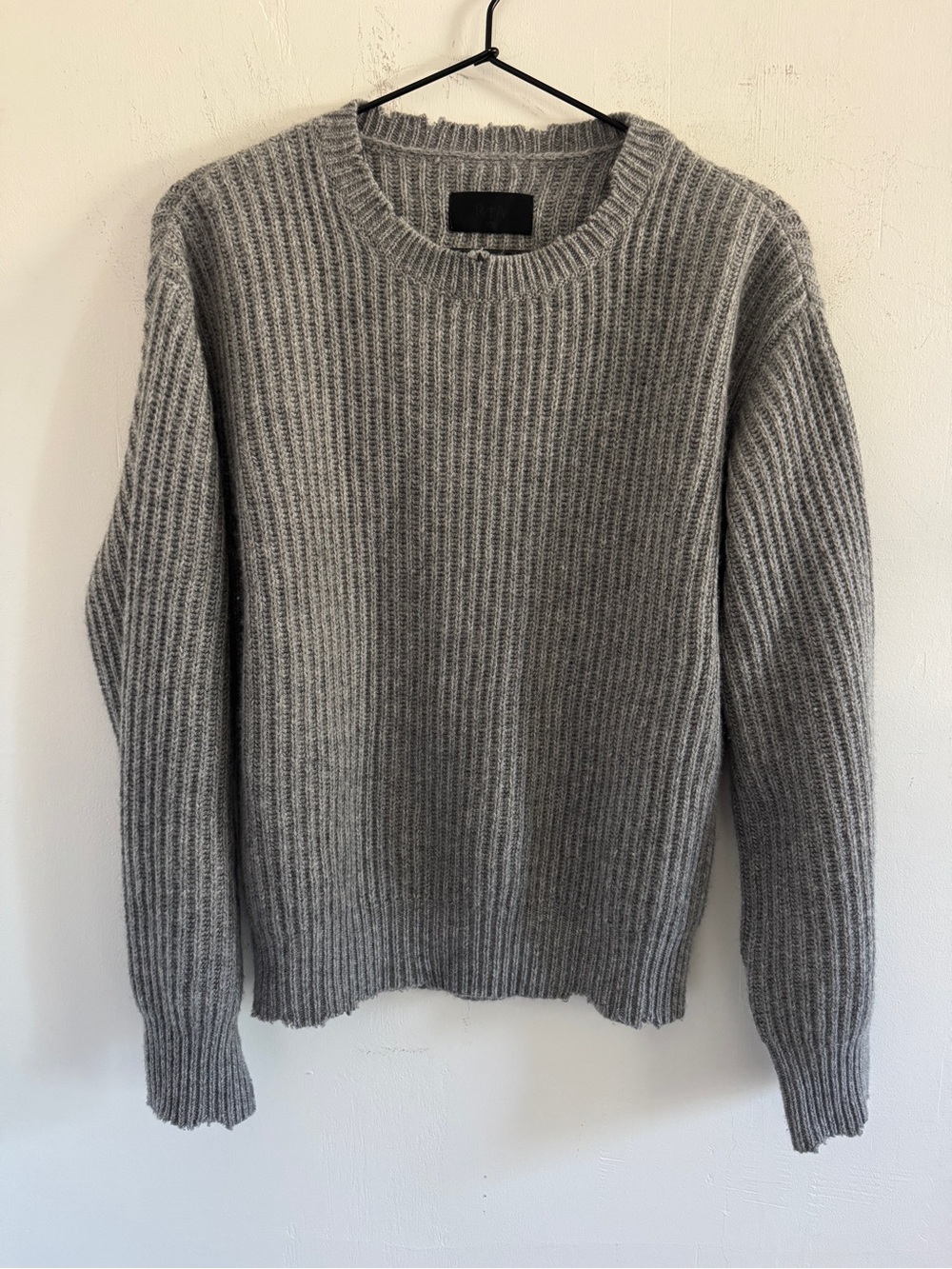 RtA Gray Distressed Cotton Cashmere Crew Sweater XS